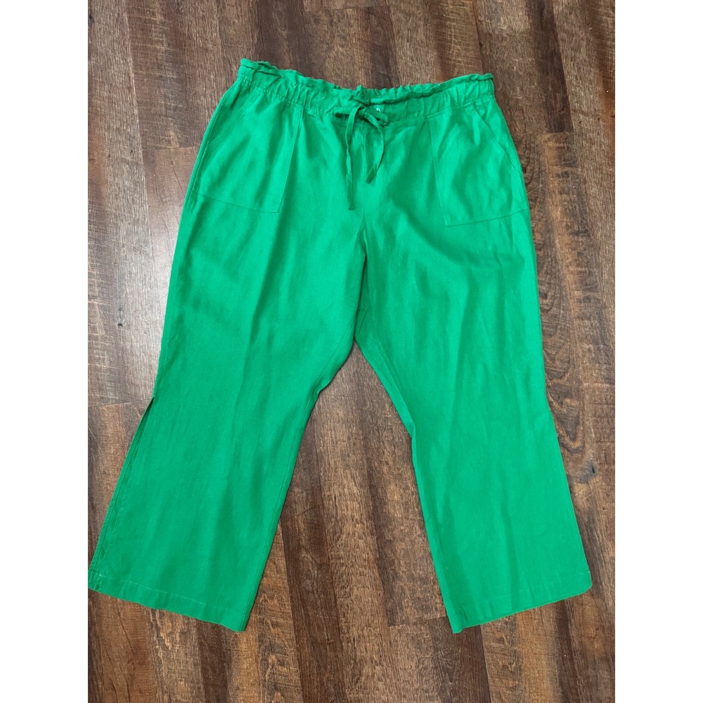 Calligraphie Emerald Green Linen Blend Wide Leg Pants 2X Side Slit Pockets